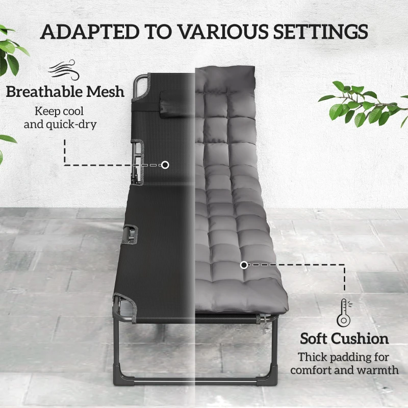 Outsunny Folding Sun Loungers for Garden Set of 2, 5-Position Oversized Camping Bed Recliner with Cushions, Dark Grey