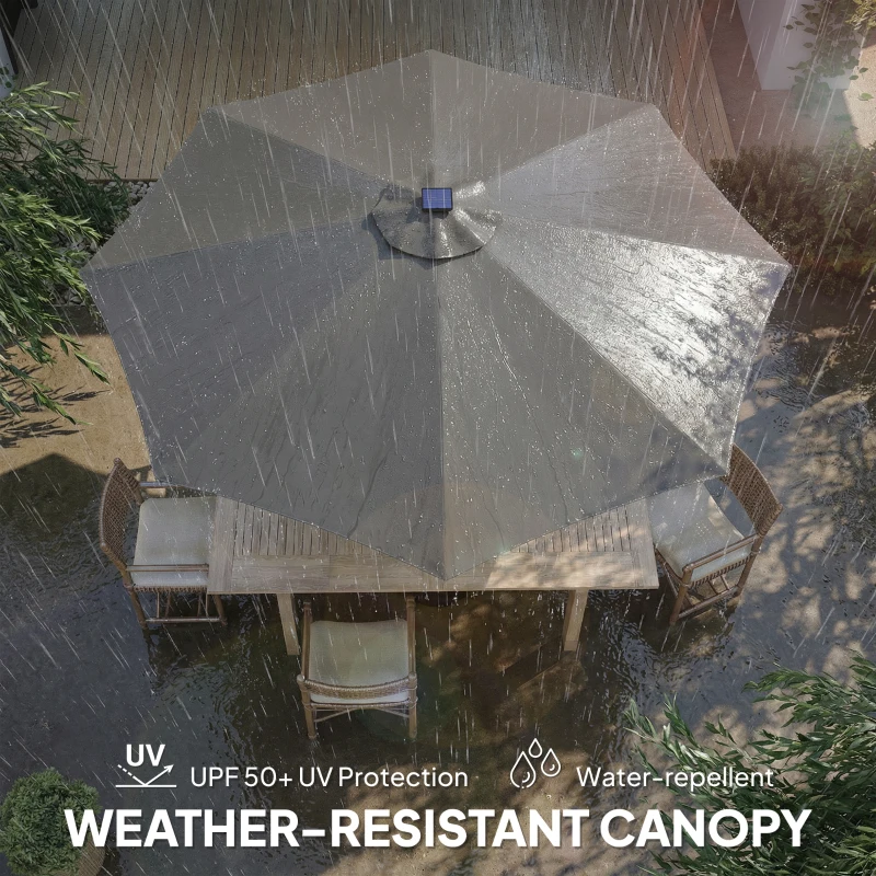 Outsunny 3 m Garden Parasol Umbrella with 112 Solar Powered LED Lights, Patio Umbrella with Crank Handle, Grey