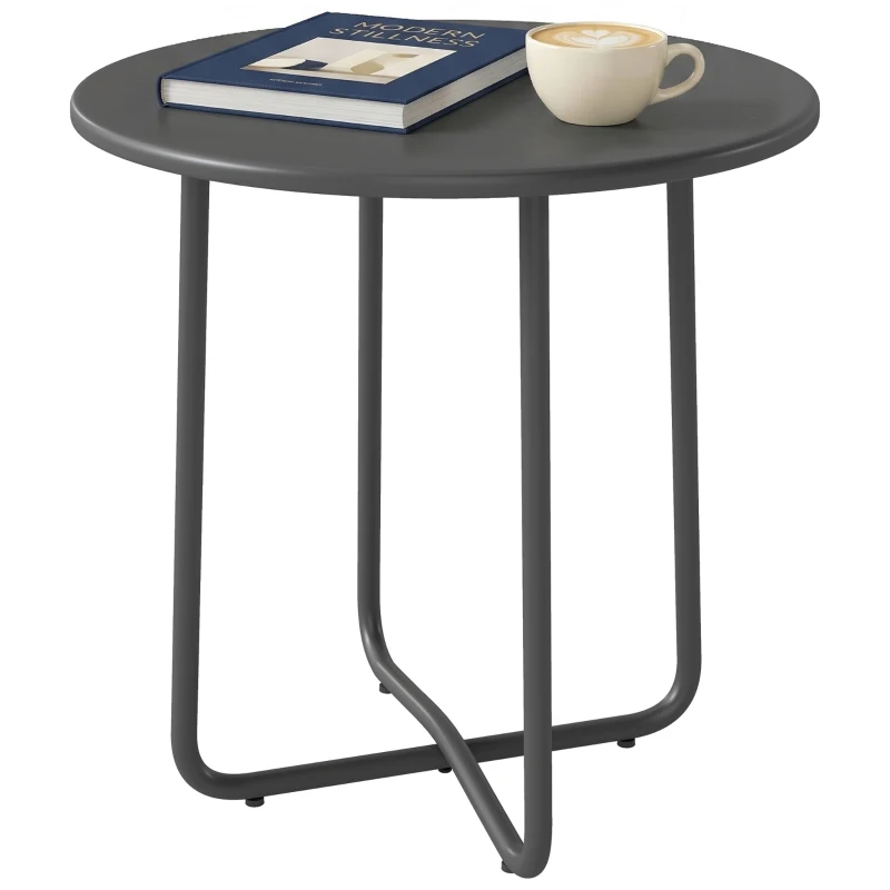 Outsunny 48 cm Round Garden Side Table, Small Metal Outdoor Garden Table with Rolled Edge, Dark Grey