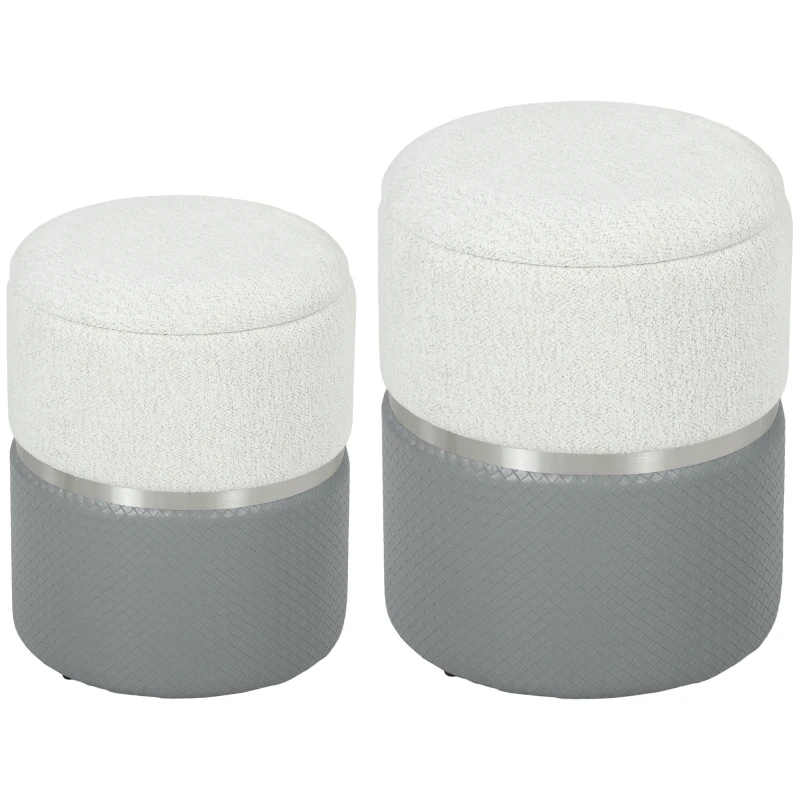 HOMCOM Juego de 2 Puff Almacenaje Tapizados en Chenilla y PU Asiento Acolchado para Pasillo Dormitorio Gris y Crema