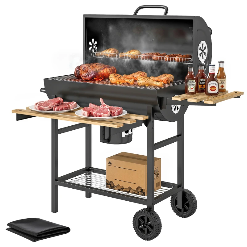Outsunny Charcoal Grill, Barrel BBQ Smoker with Warming Rack, Charcoal BBQ Grill with Foldable Shelves, Natural Wood and Black