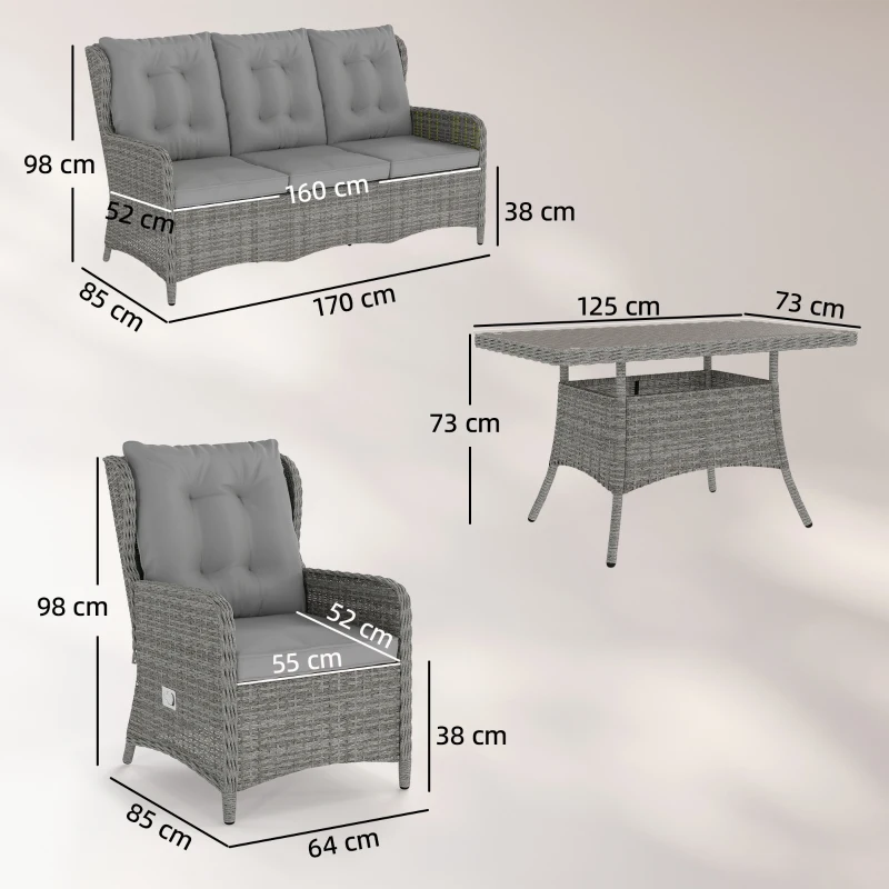 Outsunny 5 Seater Rattan Garden Furniture Set with Sofa, Reclining Chairs, Table, Patio Rattan Furniture Sofa Sets, Grey