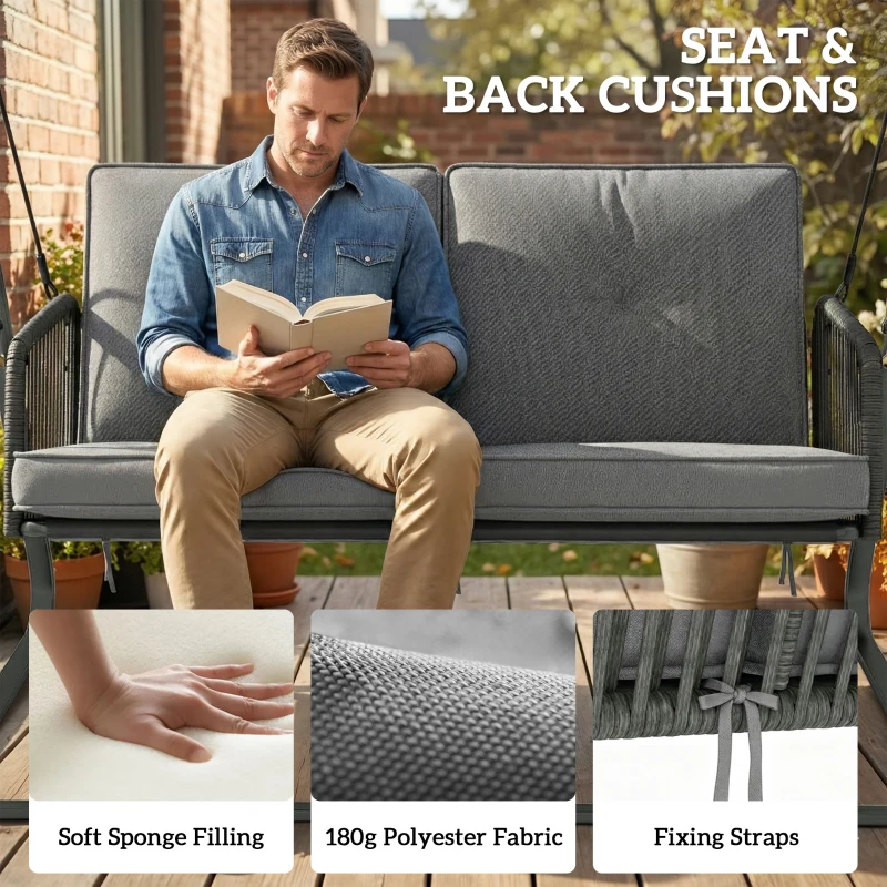 Outsunny 2-Seater Rattan Swing Chair, Outdoor Garden Hanging Swing Seat with Stand, Adjustable Canopy and Soft Cushions