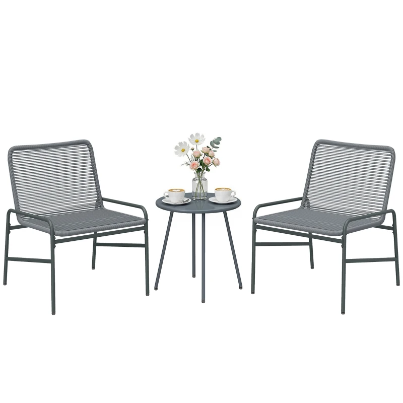 Outsunny 3 Piece Rattan Bistro Set, Outdoor Garden Furniture Set with 2 Chairs, Round Coffee Table for Patio, Balcony, Dark Grey