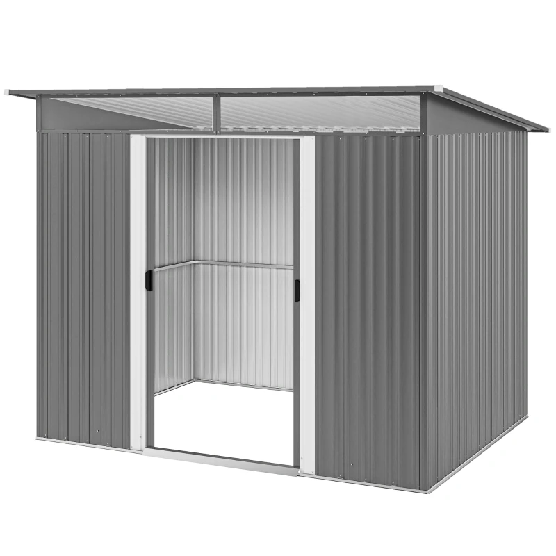 Outsunny 9ft x 6.5ft Garden Storage Shed with Top Window, Metal Outdoor Shed Tool House with Double Doors, Light Grey