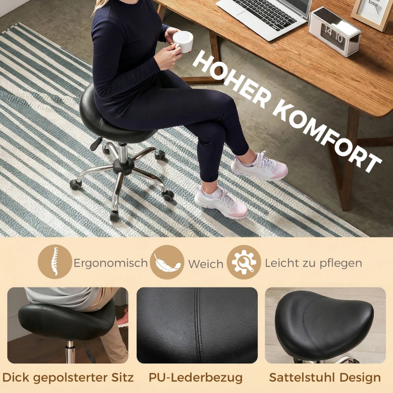 HOMCOM Salonhocker mit Sattelsitz, höhenverstellbar, Kunstleder, 48x48x54-69cm, Schwarz