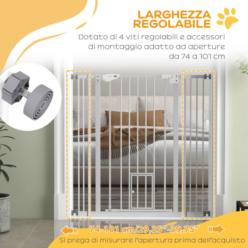 PawHut Cancellino per Cani Regolabile Alto con Porta Piccola e Chiusura Automatica, 74-101x104cm, Bianco