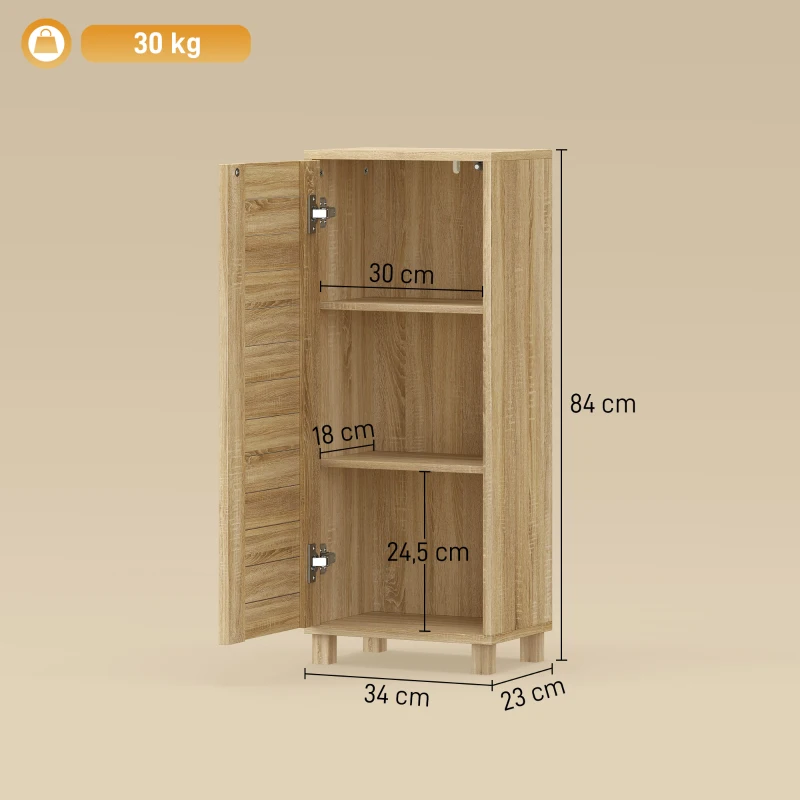 HOMCOM Móvel de Casa de Banho em Madeira com Prateleira Ajustável e Porta de Ripas, Abertura por Pressão, 34 x 23 x 84 cm, Natural