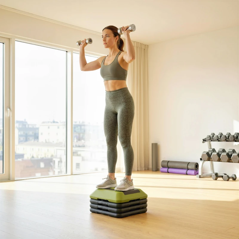 SPORTNOW Step para Fitness Stepper Antideslizante con Altura Ajustable de 10/15/20/25/30 cm Carga 150 kg Verde