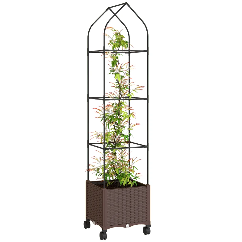 Outsunny Raised Garden Bed with Trellis, Tomato Cage with Lockable Wheels, Self Watering Planter Box with Drainage Holes, Brown