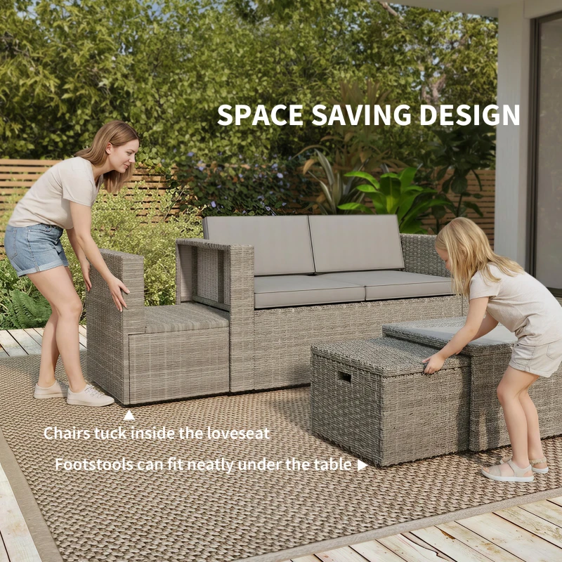 Outsunny 6 Piece Rattan Garden Furniture Set, Nesting Patio Conversation Set with Loveseat, Chairs, Table, Footstools, Dark Grey