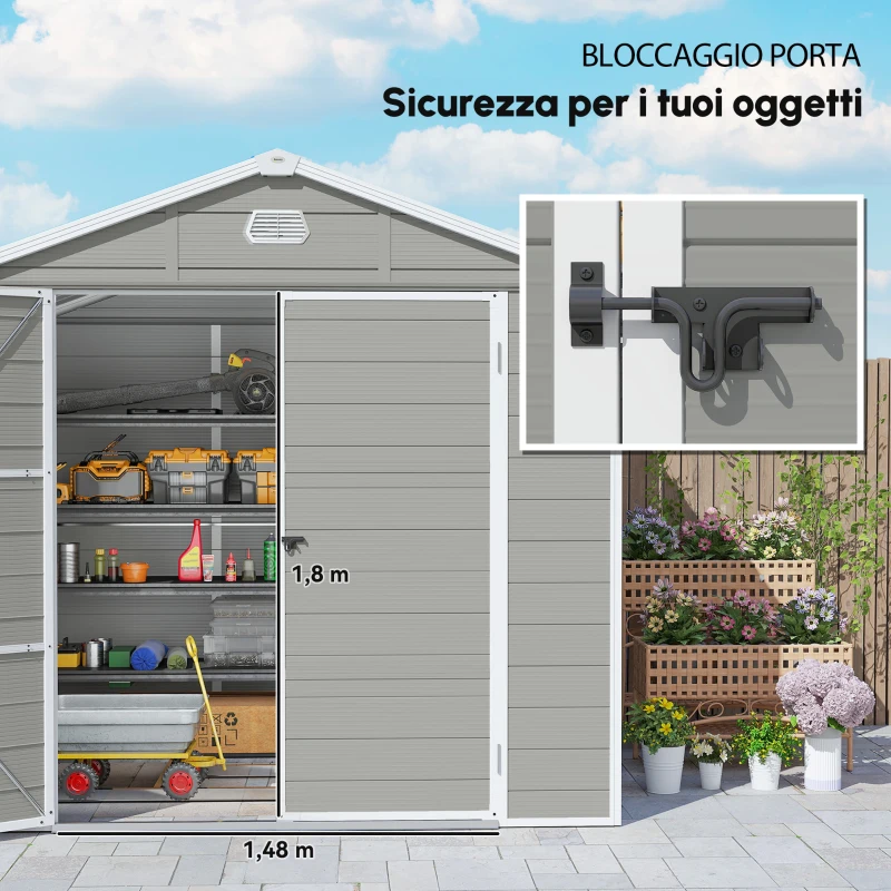 Outsunny Casetta da giardino, 4,1 m², con tetto a due falde, 240 x 190 x 180/228 cm, Grigio