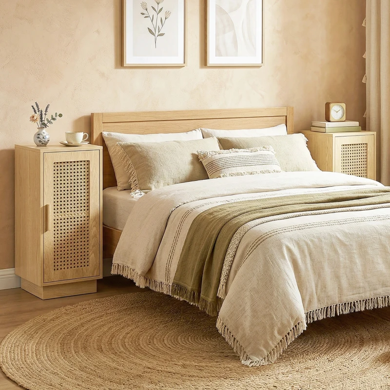 HOMCOM Set de 2 Noptiere, Poliță Reglabilă și Ușă din Rășină Împletită, Stil Boem, 25 x 30 x 60 cm, Lemn Natural