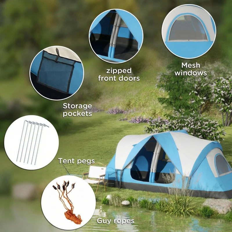 Outsunny Camping Tent for 6-8 Man with 2000mm Waterproof Rainfly and Carry Bag for Fishing Hiking Festival, Sky Blue
