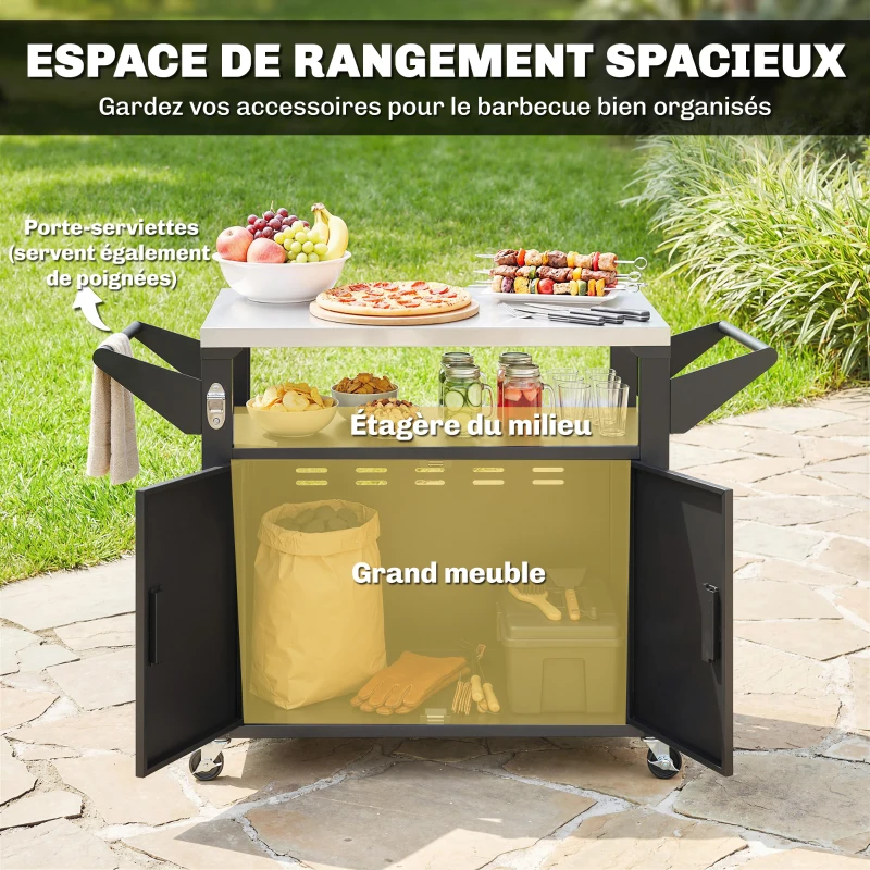 Outsunny Desserte Jardin Chariot Barbecue avec Plan de Travail Inox Étagère Coulissante Armoire de Rangement 117x55x78cm Noir
