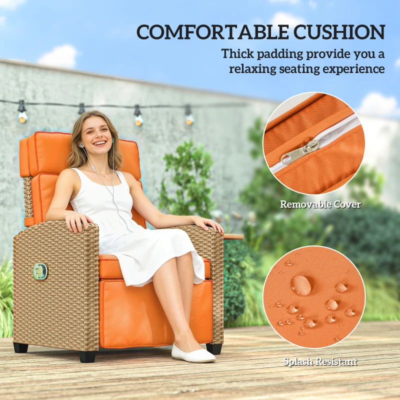 Outsunny 145° Reclining Rattan Armchair, with Footrest - Khaki/Orange