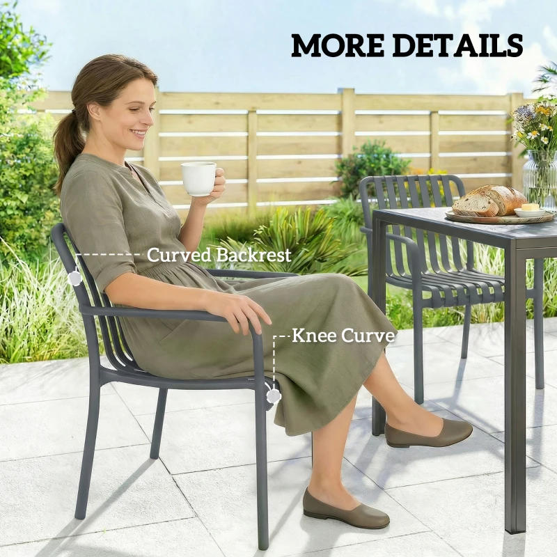 Outsunny Sillas de jardín 4 unidades Sillas apilables para terraza con diseño de lamas y reposabrazos, ergonómicas Gris oscuro