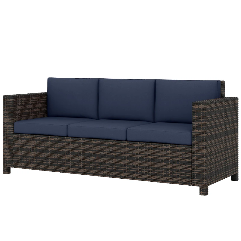 Outsunny 3 Seater Rattan Sofa All-Weather Wicker Weave Metal Frame Chair with Fire Resistant Cushio-Dark Blue