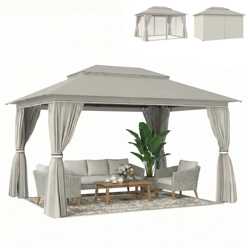 Outsunny 3 x 4 m Outdoor Garden Gazebo with Netting and Curtains, UPF50+ Patio Gazebo Permanent Pavilion Canopy, Beige