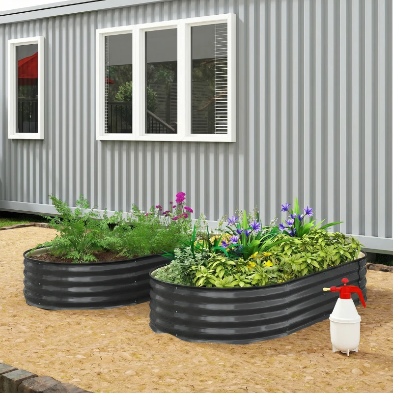Outsunny Galvanised Raised Garden Bed, Metal Planter Box with Safety Edging, for Flowers, Herbs, Succulents, Dark Grey