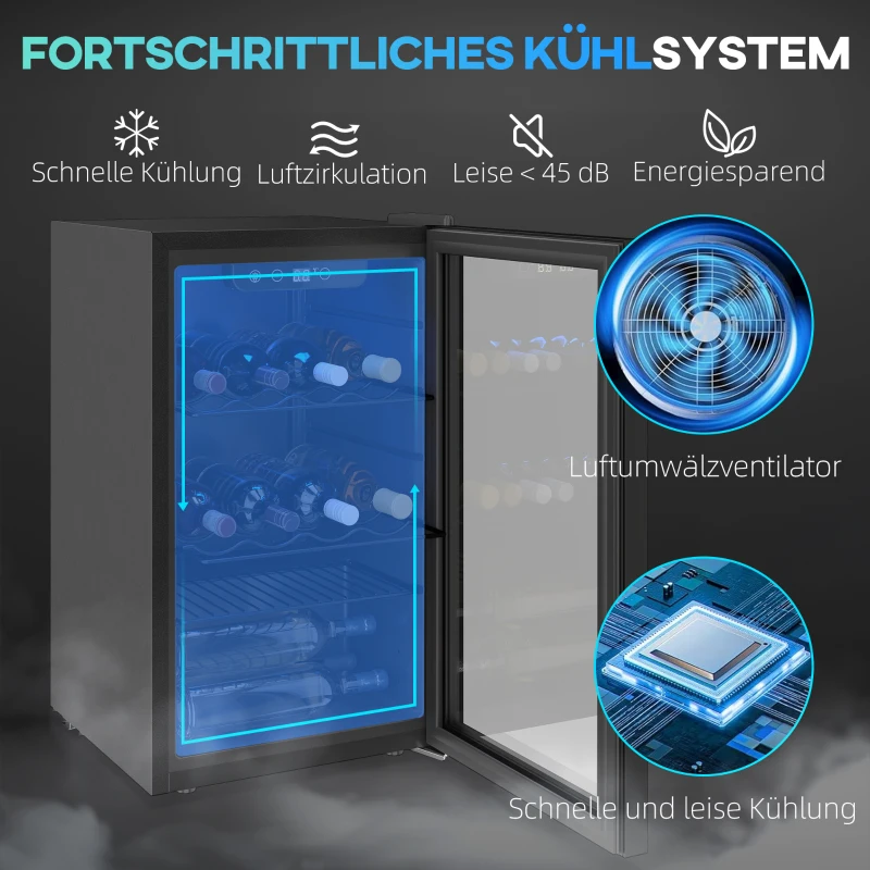 HOMCOM Weinkühlschrank 24 Flaschen, 68 Liter Kapazität, 4–16 °C Standgerät für Getränke, Bier und Wein mit Glas-Tür, Schwarz