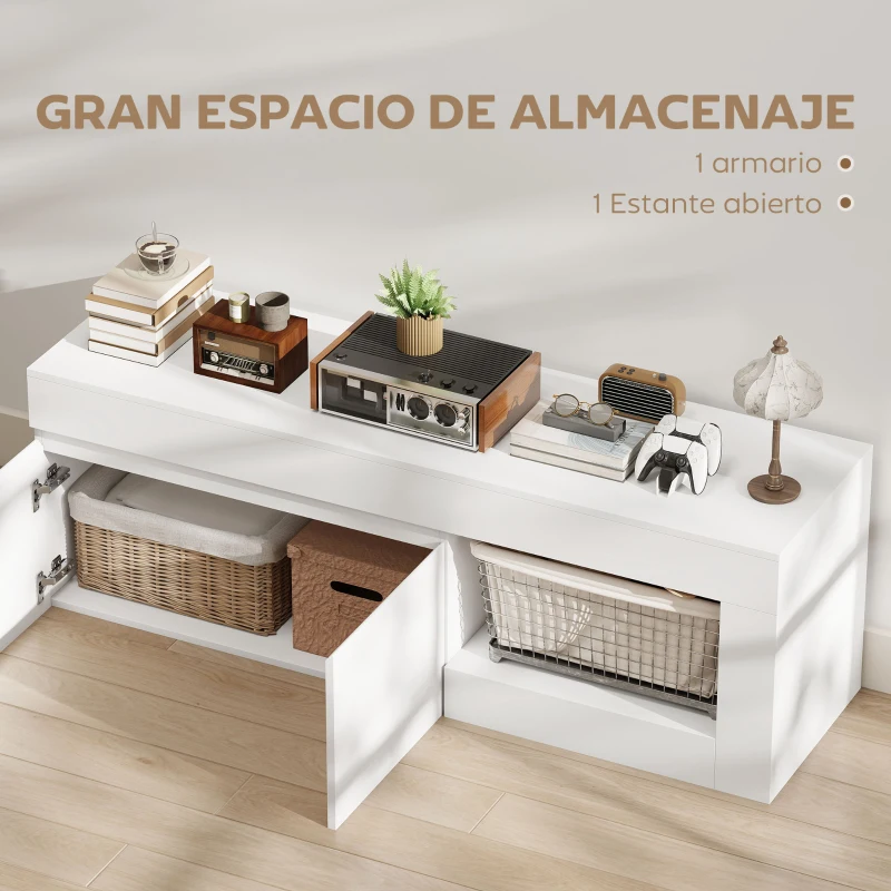 HOMCOM Mueble de TV Moderno para Salón con 2 Puertas Estante Abierto para Televisión 60 Pulgadas 140x40x48 cm Blanco