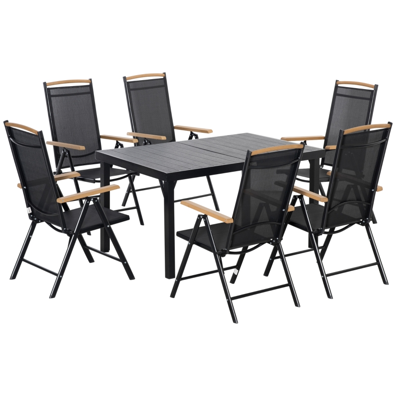 Outsunny Folding Dining Table Set for 6 People 1 Table+6 Chairs Patio Furniture Set Dining Set Aluminum Mesh Black