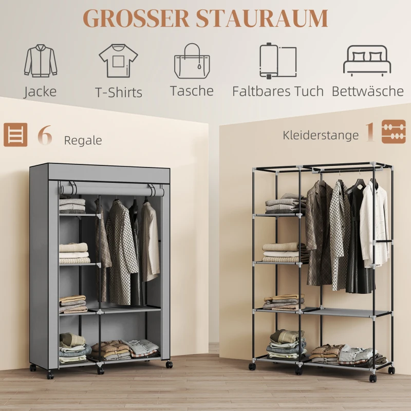 HOMCOM Kast van stof, opbergoplossing, 6 planken, 1 kledingstang, lichtgrijs