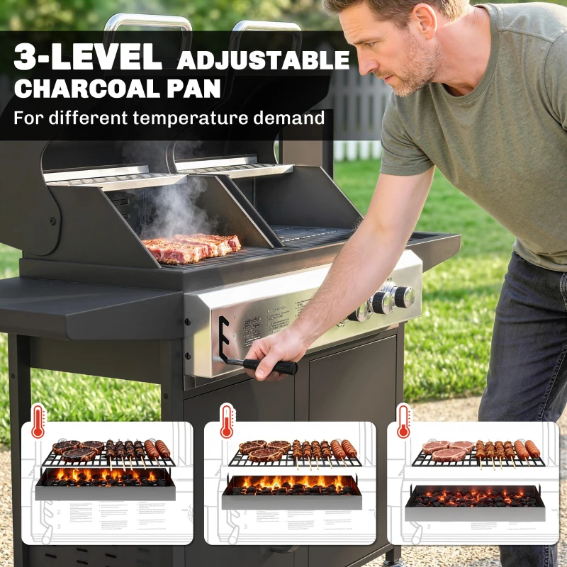 Outsunny 2+1 Burner Hybrid Dual Fuel BBQ Gas Grill, 2-in-1 Propane & Charcoal Barbecue Grill Smoker Combo with Wheels, Black