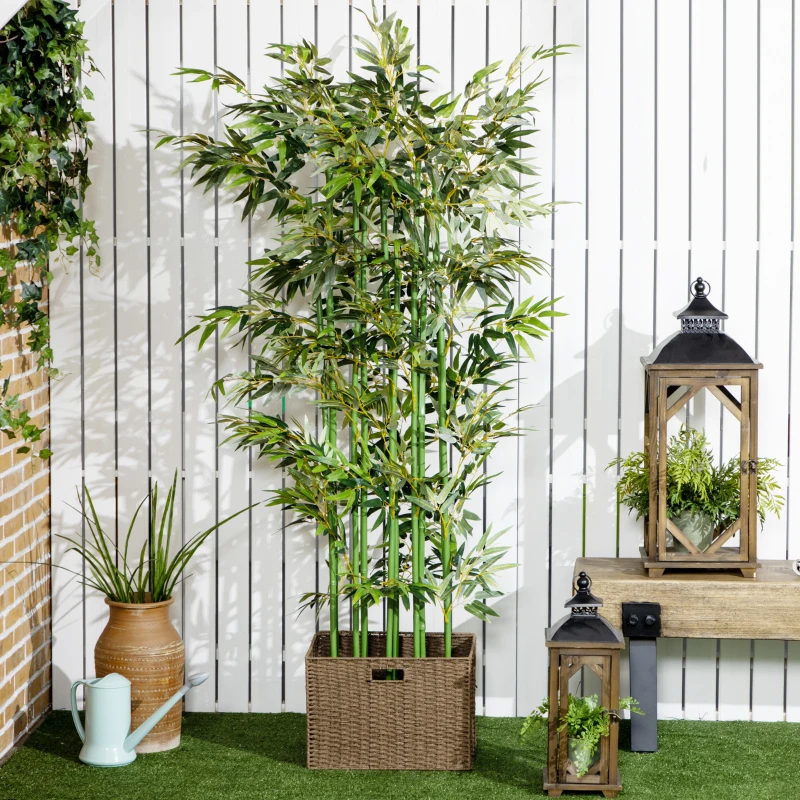 HOMCOM Conjunto de 2 Plantas Artificiais em Vaso de Madeira de Pinho 180cm Bambus Artificiais com 1640 Folhas Realistas 35x10x180 cm Verde