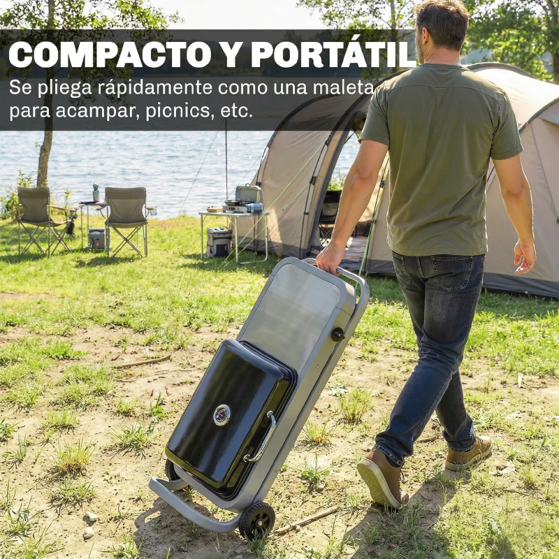 Outsunny Barbacoa de Gas Plegable con Quemador 2,5 kW Tapa Termómetro Mesa Lateral y 2 Ruedas Parrilla Recogedor Grasa Negro