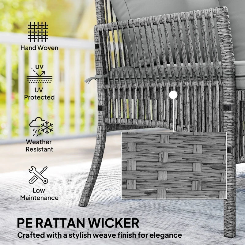 Outsunny 3 Piece Rattan Garden Furniture Corner Sofa Set with Chaise Lounge, Loveseat, Glass Coffee Table, Cushions, Dark Grey