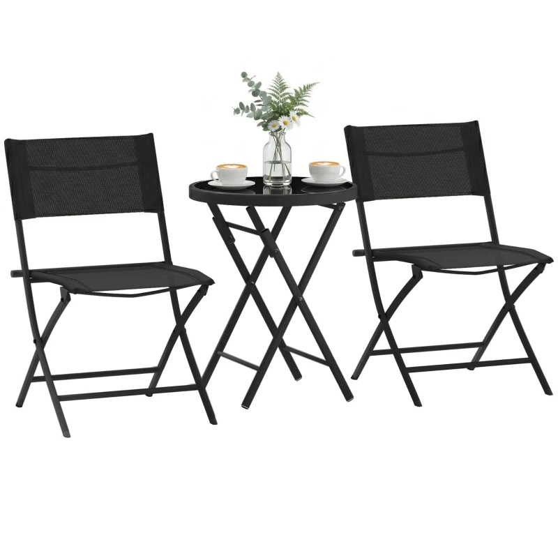 Outsunny 3 Pieces Outdoor Bistro Set, Glass Top Outdoor Table and 2 Folding Chairs with Protecting Feet, Black