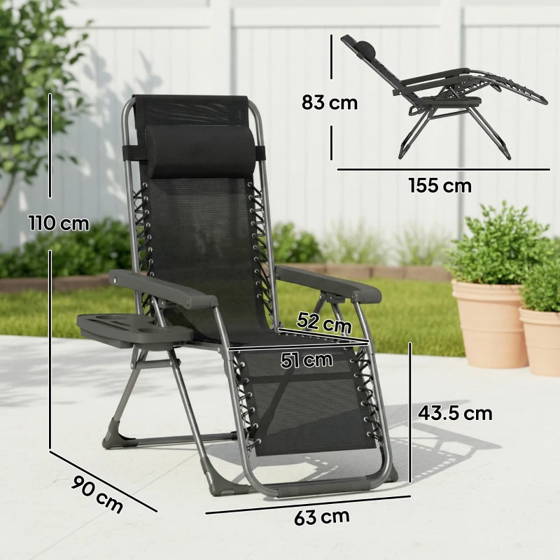 Outsunny Zero Gravity Chairs Set of 2, Folding Sunloungers Reclining Garden Chairs with Cup Holder, Headrest, Black