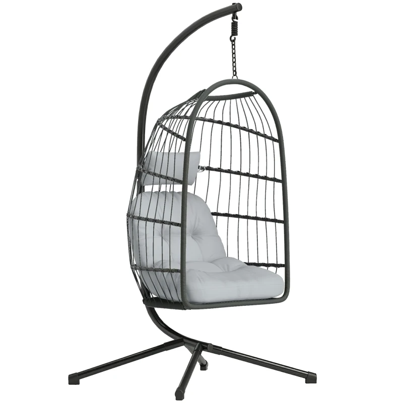 Outsunny Hanging Egg Chair, Indoor Outdoor Hammock Swing Chair with Stand, Safety Strap, Foldable Basket, Dark/Light Grey