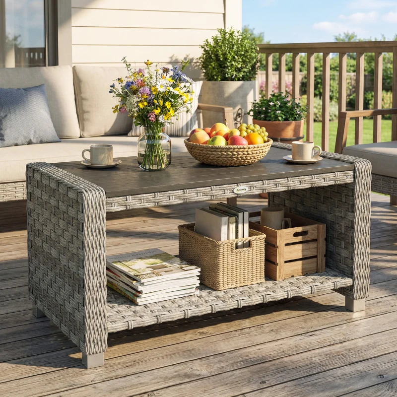 Outsunny Outdoor Coffee Table with Storage Shelf, PE Rattan Side Table with Slatted Top and Foot Pads, Grey