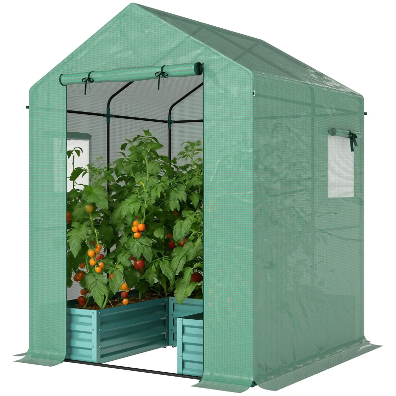 Outsunny Small Greenhouse with Raised Garden Bed, Galvanised Walk-in Greenhouse with Roll Up Windows, 141 x 141 x 190 cm, Green