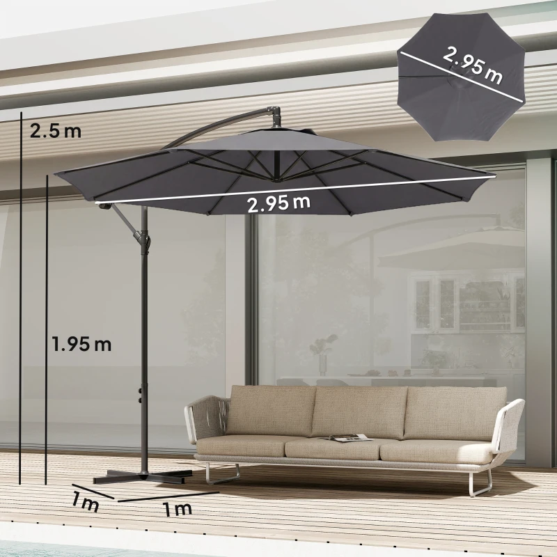 Outsunny 3 m Overhanging Cantilever Parasol, with Cross Base - Grey