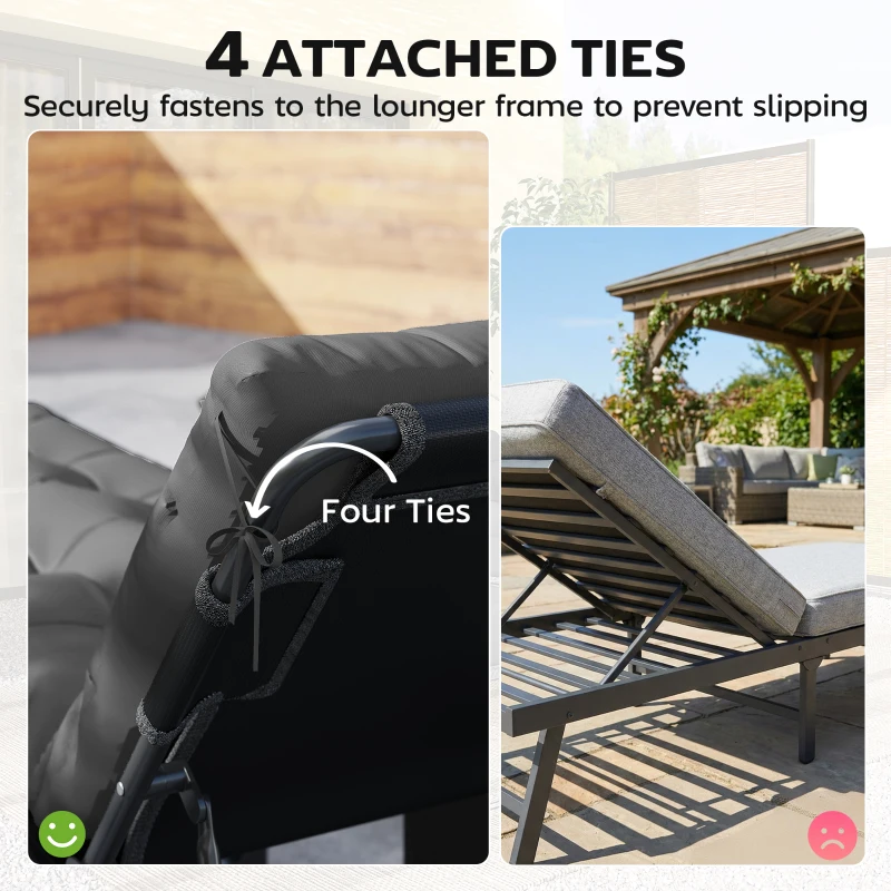 Outsunny Sun Lounger Cushions Only, Garden Lounge Chair Cushions Set of 2, Sunbed Replacement Pads with 4 Ties, Dark Grey