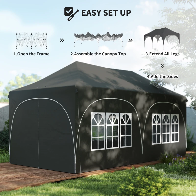 Outsunny 3 x 6m Pop Up Gazebo Shelter with Sides, 6 Sandbags, Peak Top Garden Party Tent Marquee with Carry Bag, Dark Grey