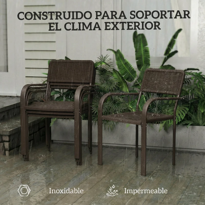 Outsunny Juego de 4 Sillas de Jardín Exterior Apilables con Reposabrazos Respaldo y Marco de Acero 55x60x83 cm Marrón Oscuro