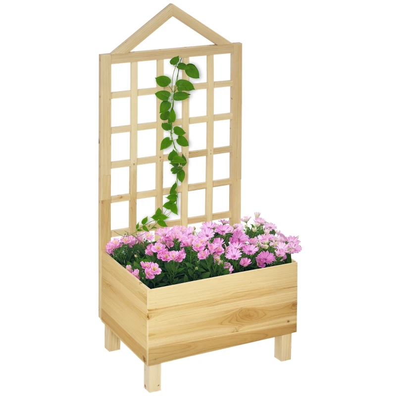 Outsunny Garden Planters with Trellis for Vine Climbing, Distressed Wooden Raised Beds, 90x43x150cm, Natural Tone