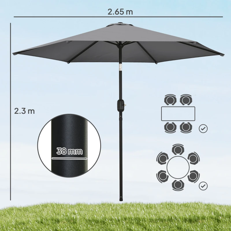Outsunny 2.6 m Garden Parasol Umbrella with Aluminium Pole, Outdoor Patio Umbrella with Tilt and Crank, Vent, Grey