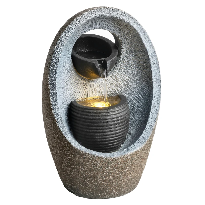 Outsunny Water Feature with 2-Tier Bowls, Garden Water Fountain with Pump and LED Lights, Resin Cascading Waterfall