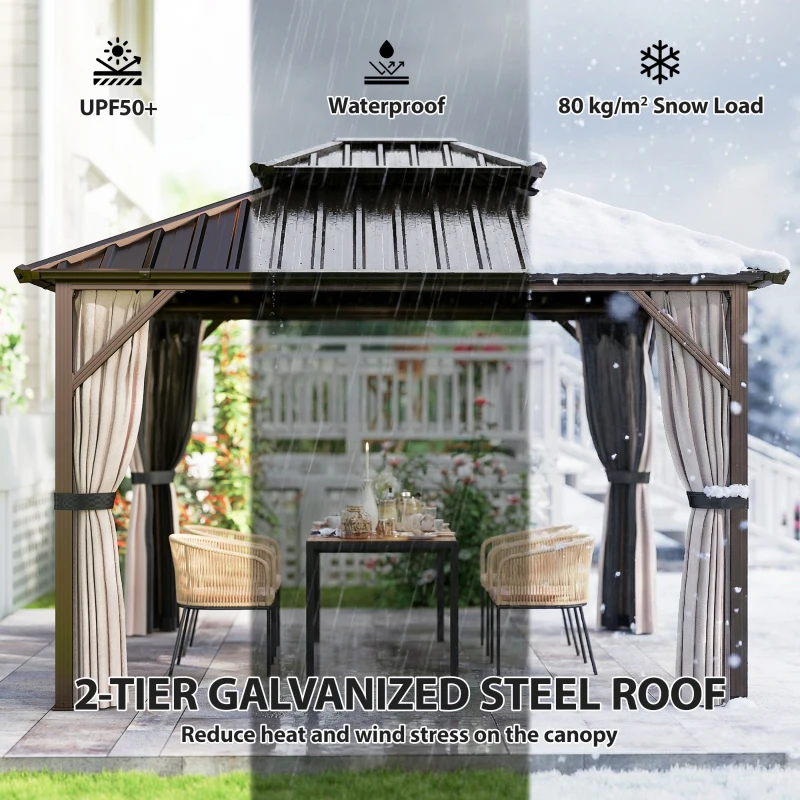Outsunny 3x3 m Hardtop Gazebo Canopy with UPF50+ Double Galvanised Steel Roof, Aluminium Garden Gazebo Permanent Pavilion, Brown