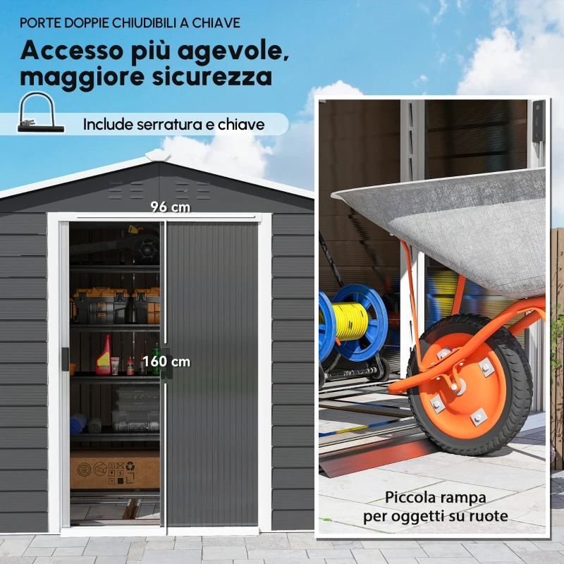 Outsunny Capanno per attrezzi in metallo, resistente alle intemperie e antiruggine, richiudibile,  2,40 x 2,06 x 1,98 m, Grigio scuro