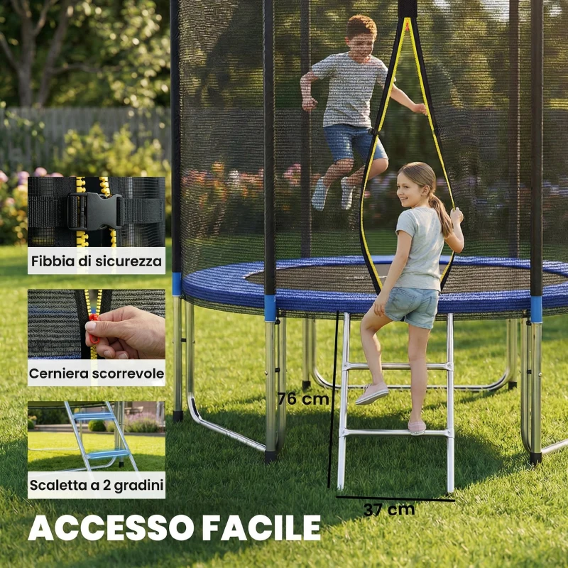 Trampolino SPORTNOW 244 cm, Rete di Protezione inclusa, Scala per accesso.
