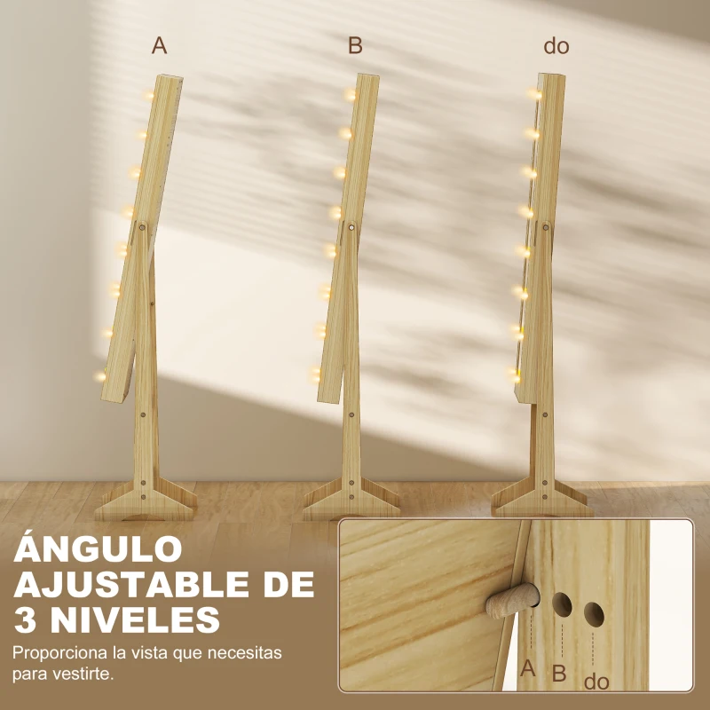 HOMCOM Espejo Joyero con Luces LED Armario para Joyas Armario Joyero de Pie con Espejo Entero Ángulo Ajustable Madera Natural