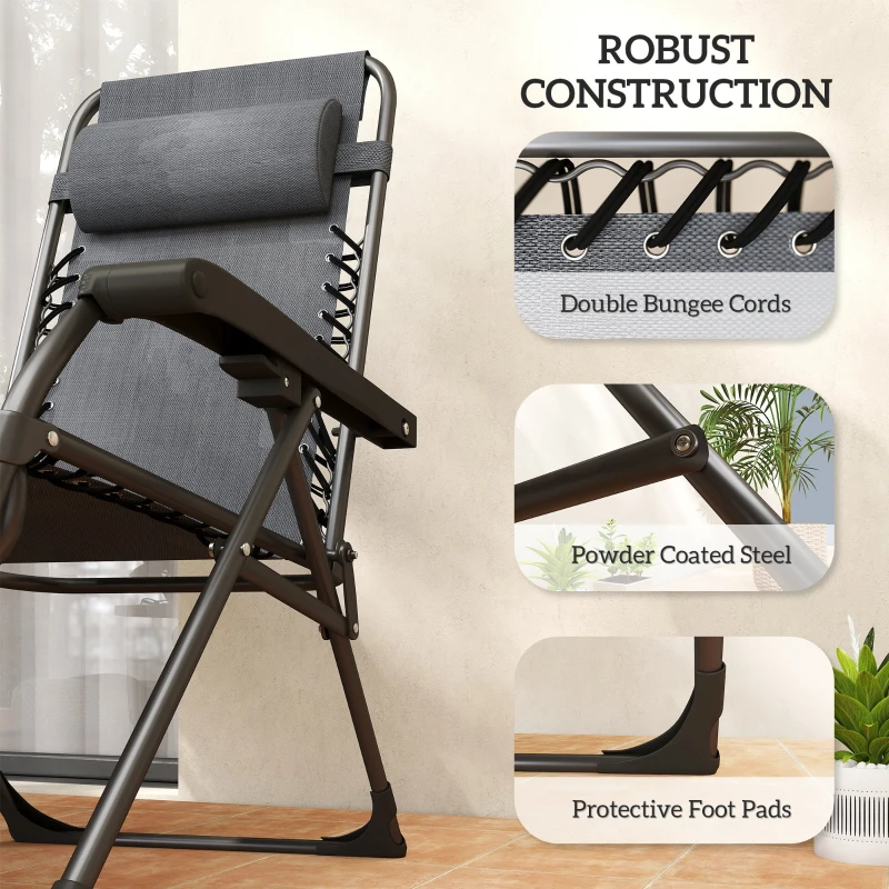 Outsunny Zero Gravity Chairs Set of 2, Folding Sunloungers Reclining Garden Chairs with Cup Holder, Headrest, Dark Grey