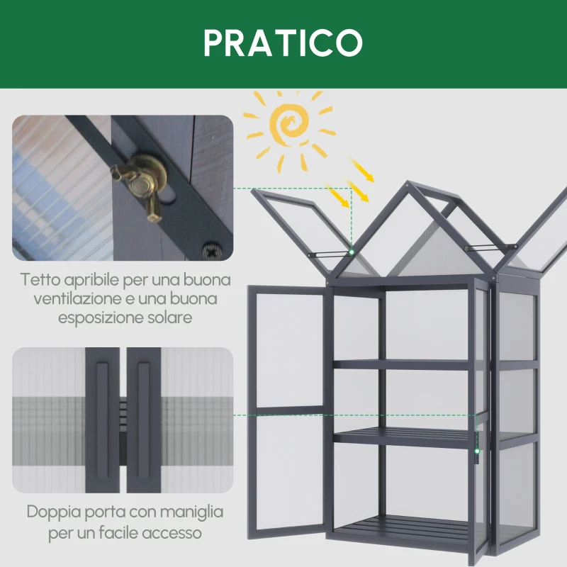 Outsunny Mini Serra 3 Ripiani Orto Piante con Tetto Apribile Doppie Porte, in Legno Policarbonato, Resistente alle Intemperie, 70.5 x 42 x 132 cm, Naturale